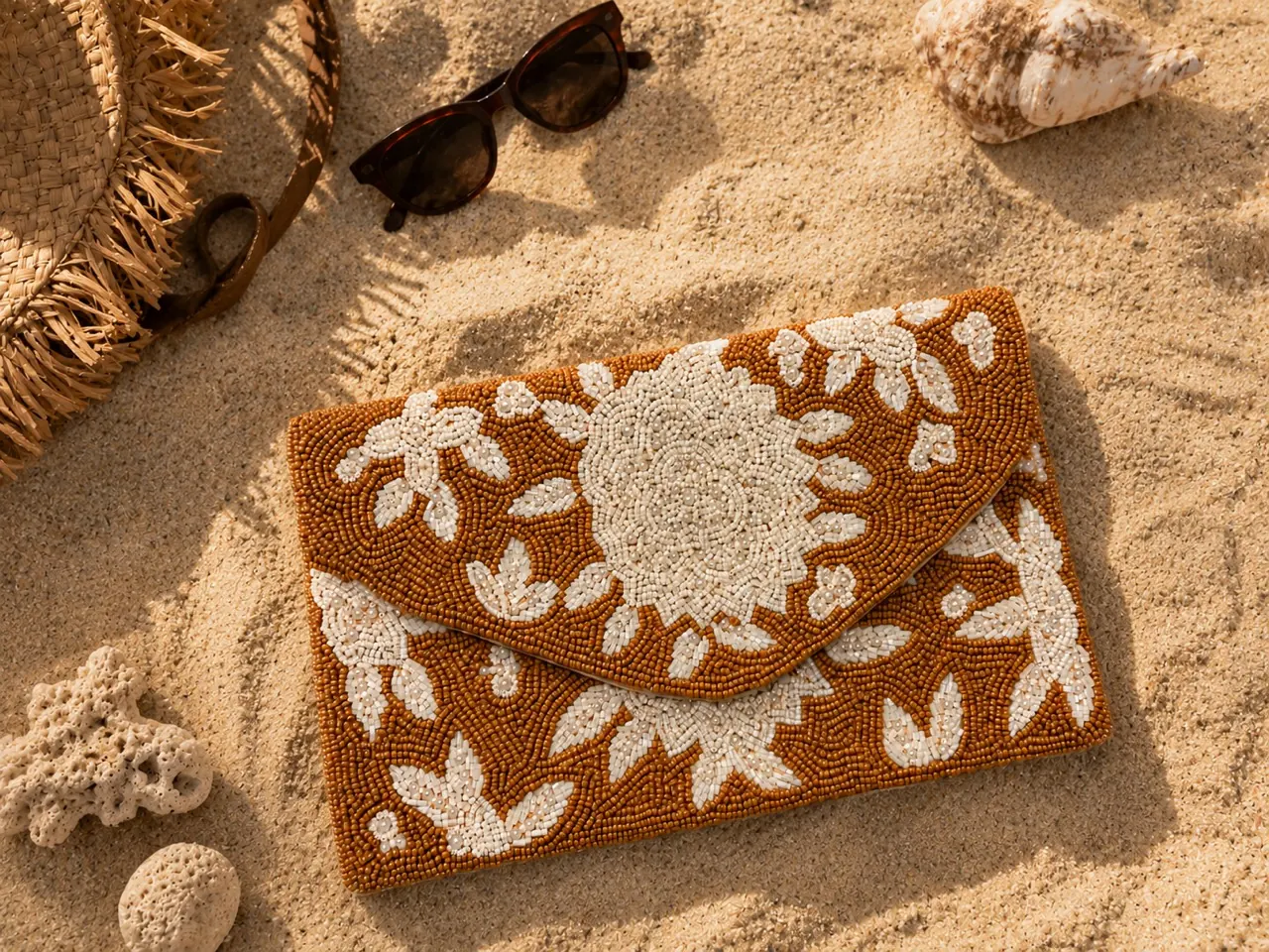 Bolso de cuentas en tonos terracota sobre arena junto a unas gafas de sol