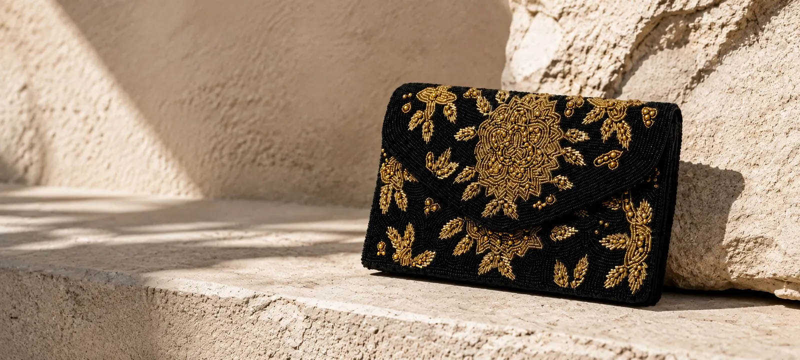 Bolso negro Florenti bordado en dorado sobre piedra clara