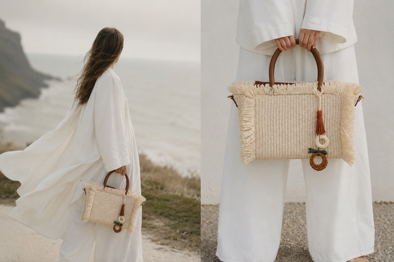 Mujer vestida de blanco junto al mar con un bolso de rafia Florenti