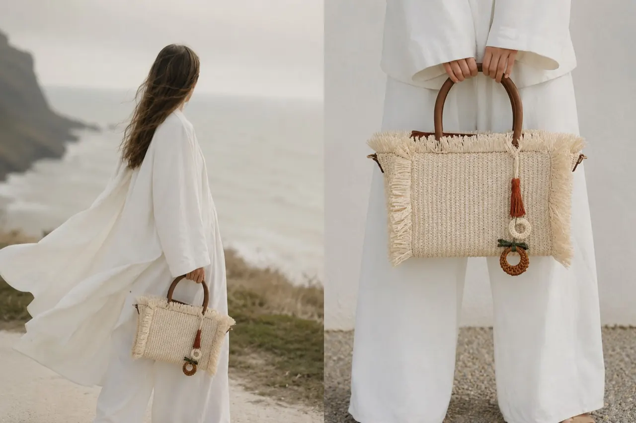 Mujer vestida de blanco junto al mar con un bolso de rafia Florenti
